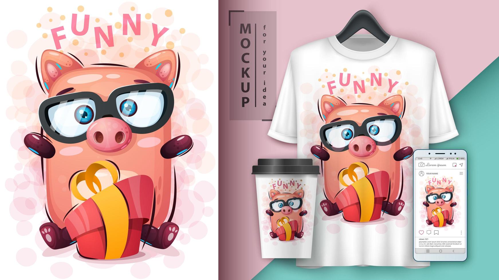 Cartoon Funny Pig with Gift Design vector