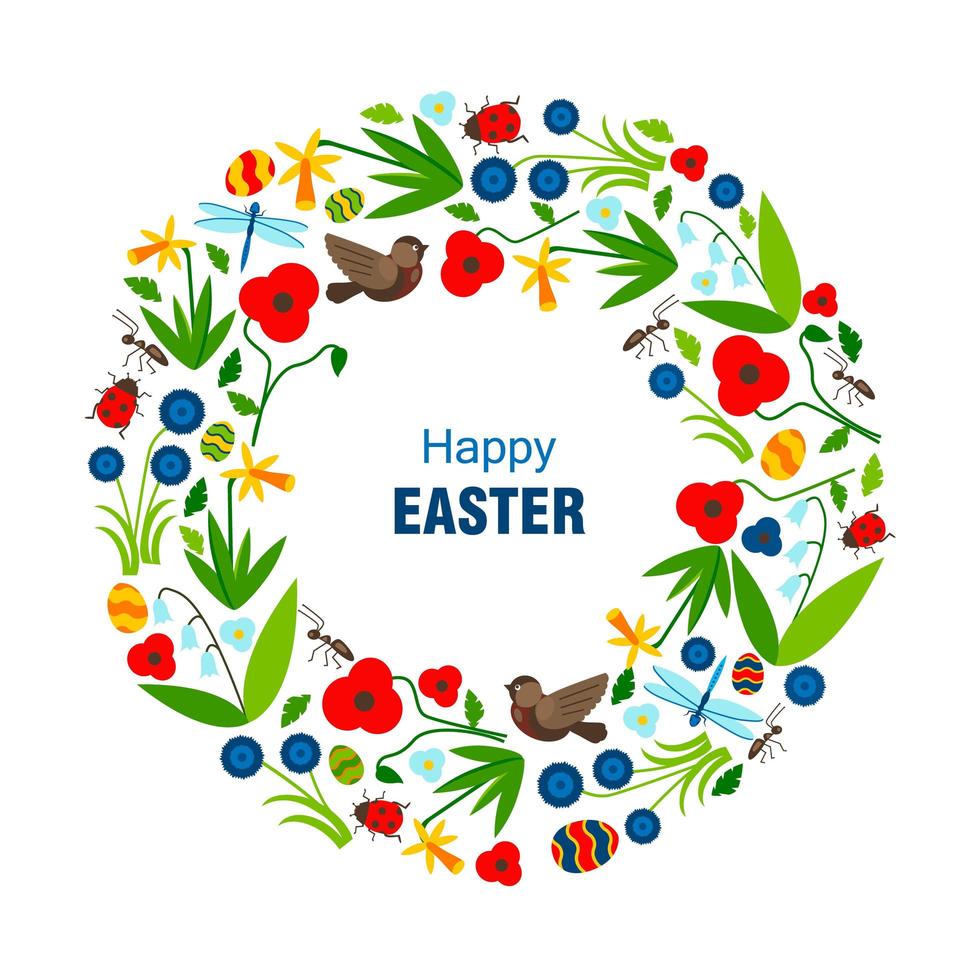 Easter card with Wreath of Flowers and Birds vector