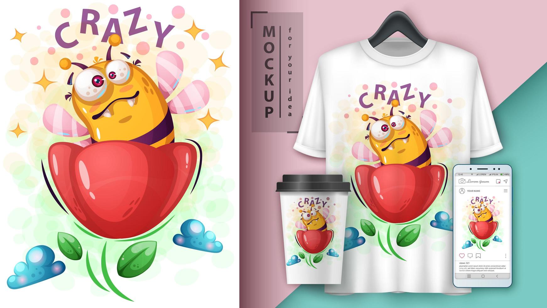 Crazy Cartoon Bee in Flower  vector