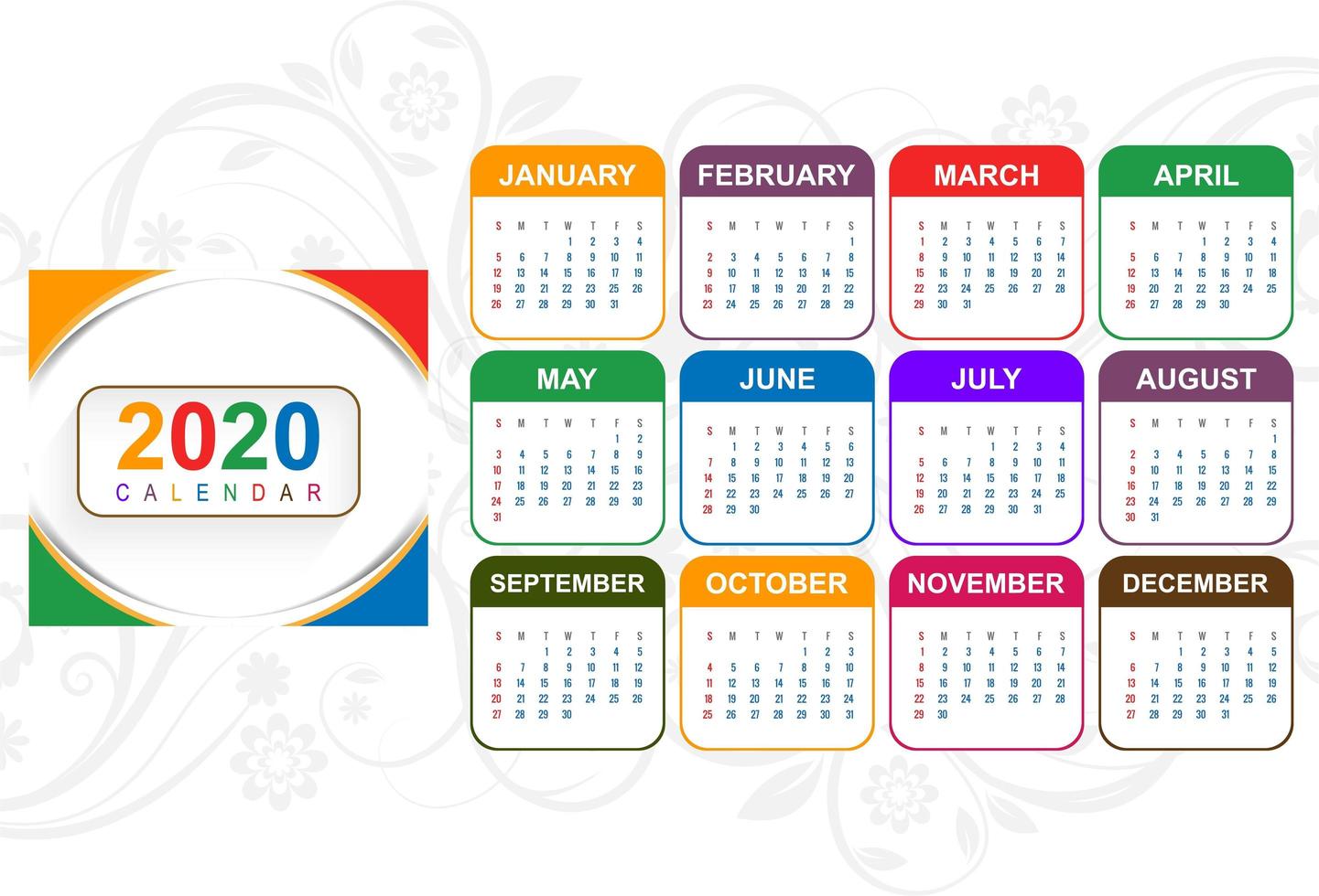 Colorful new year 2020 calendar with floral background vector