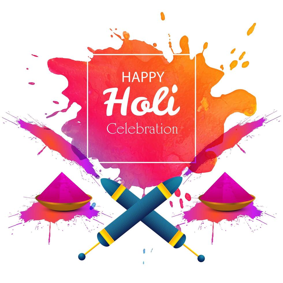 Happy holi card with colorful splashes and elements vector