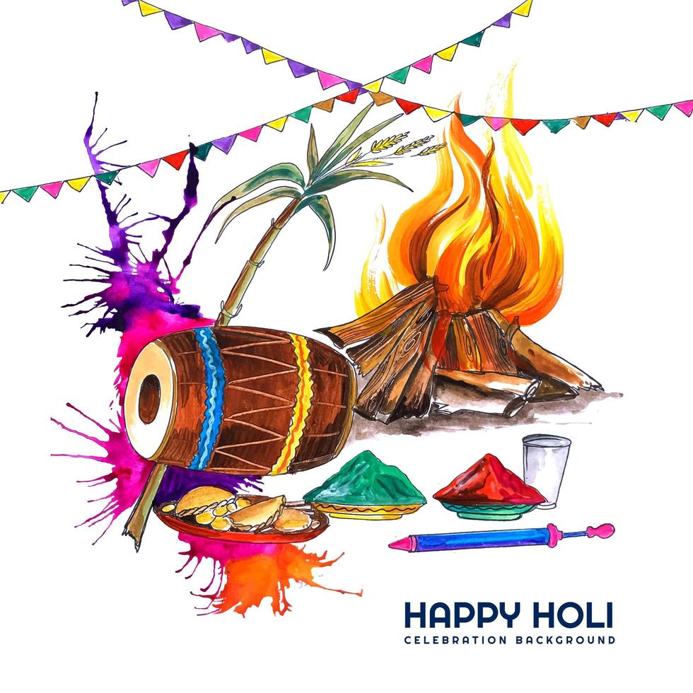 Watercolor Card with Colorful Holi Elements and Garland vector