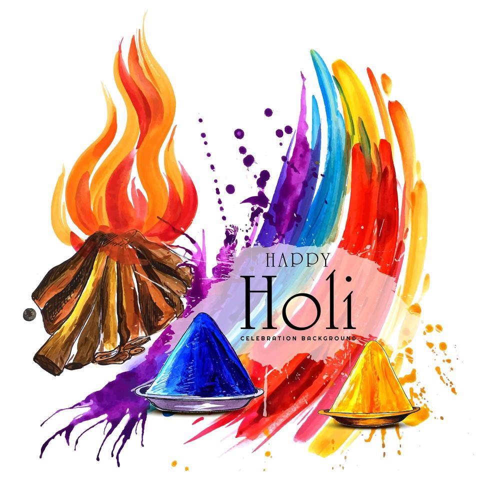 Holika Dahan card with fire and rainbow splash vector