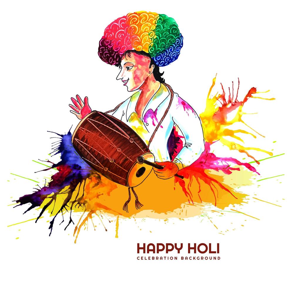 Drummer celebrating Holi color festival vector