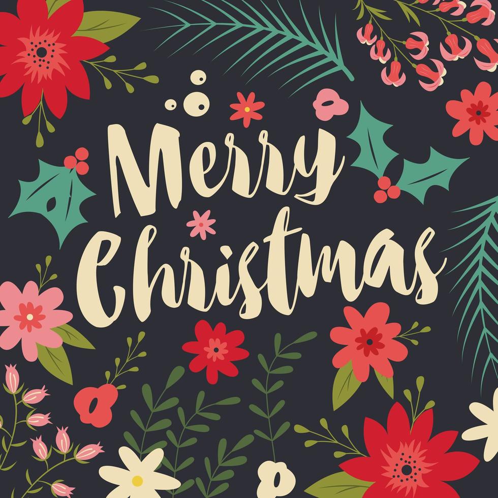 Typographic Merry Christmas card with floral elements vector