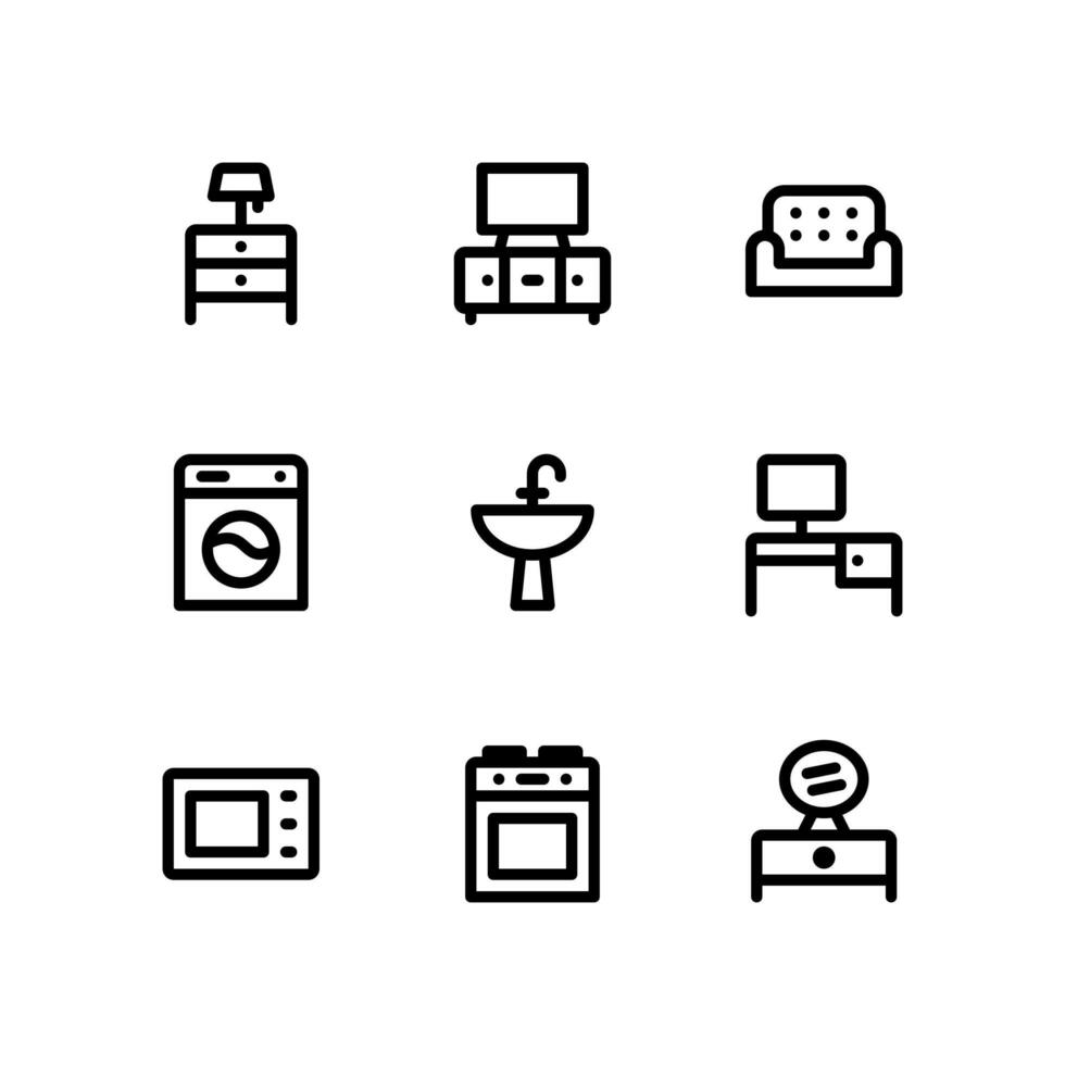 iconos de línea de muebles que incluyen gabinete, sofá y más vector