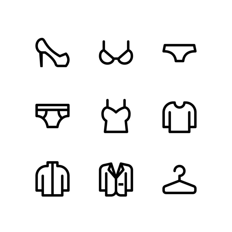 iconos de líneas de ropa que incluyen tacón alto, sujetador y más vector