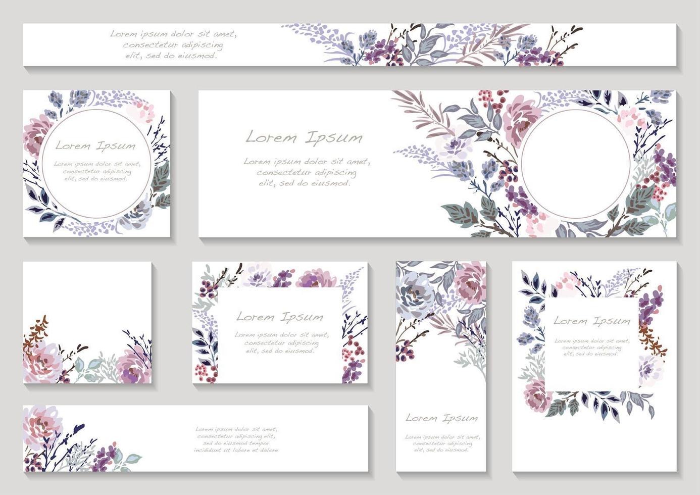 conjunto de tarjetas florales en tonos morados con espacio de texto vector