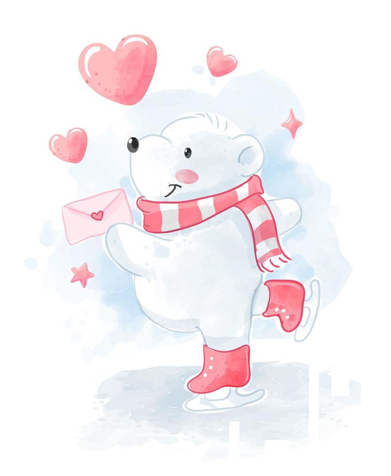 lindo oso polar de patinaje con carta de amor vector