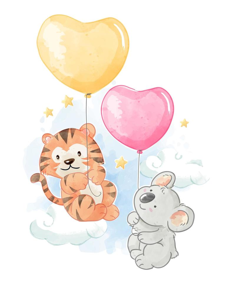 cartoon tiger and koala bear with balloons vector