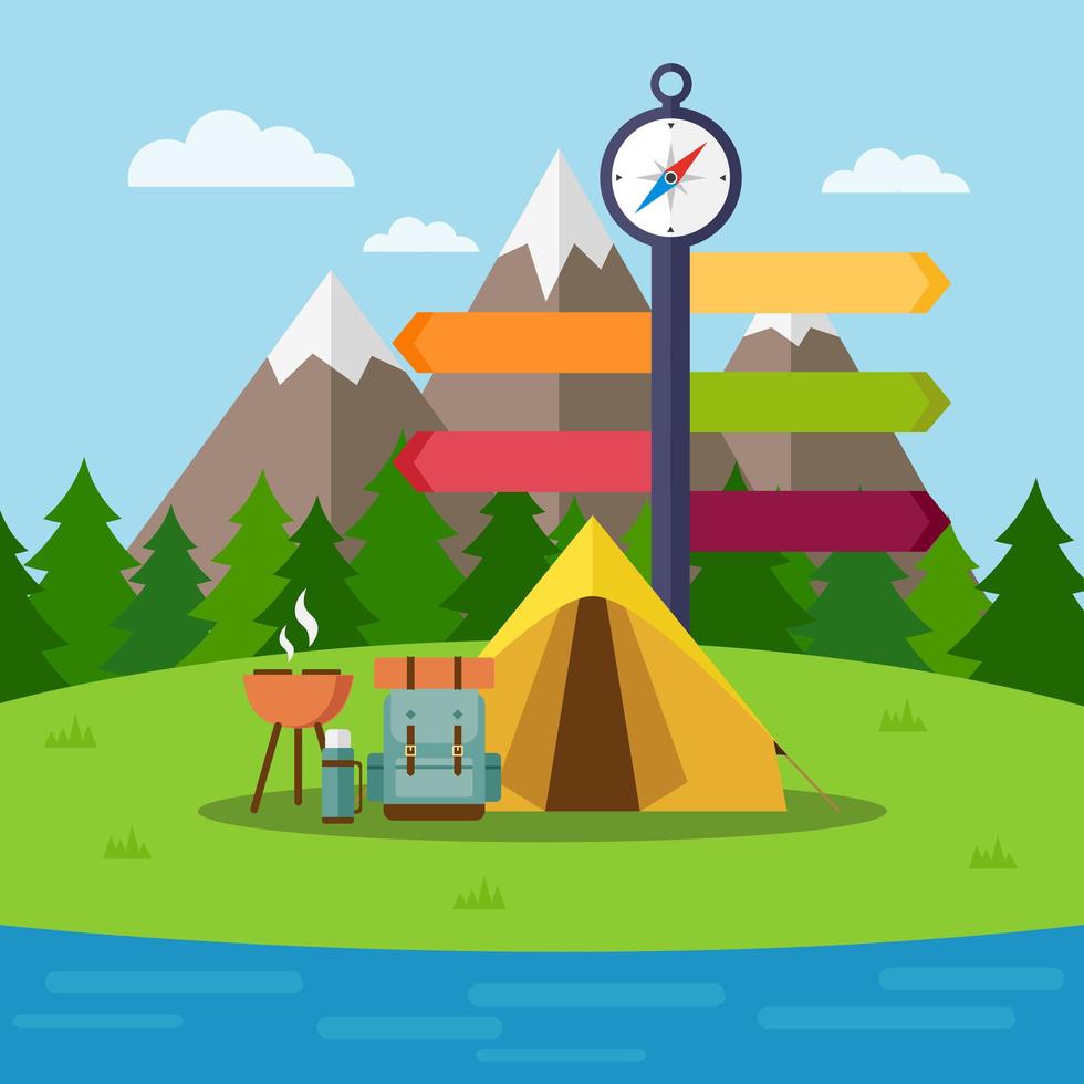 Camping scene with tent, backpack and grill vector