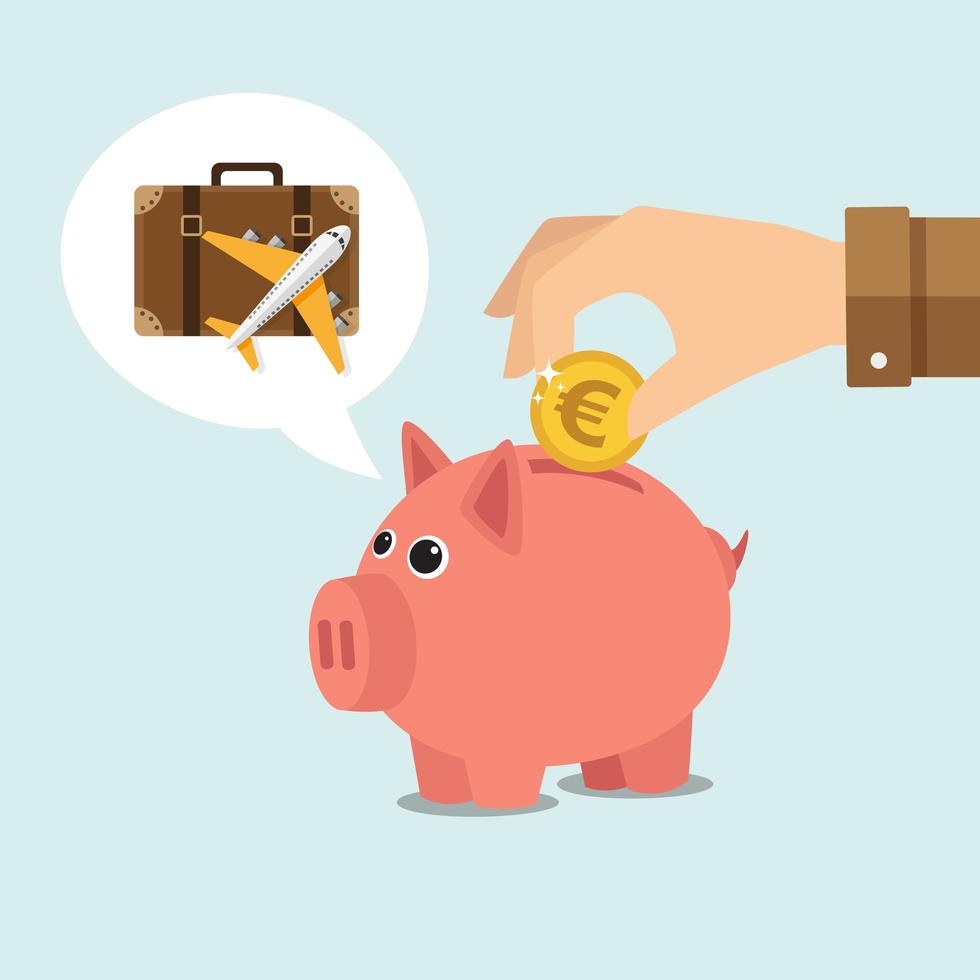 Hand putting money in piggy bank for travel vector