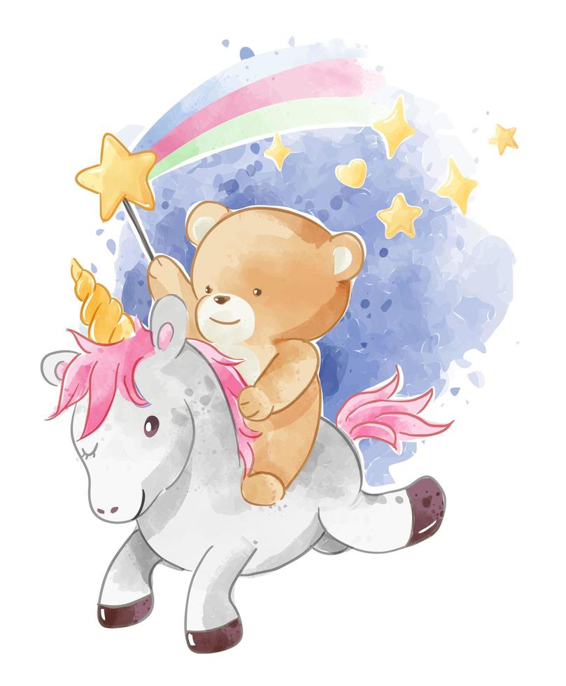 cute bear riding unicorn with sparkling star vector