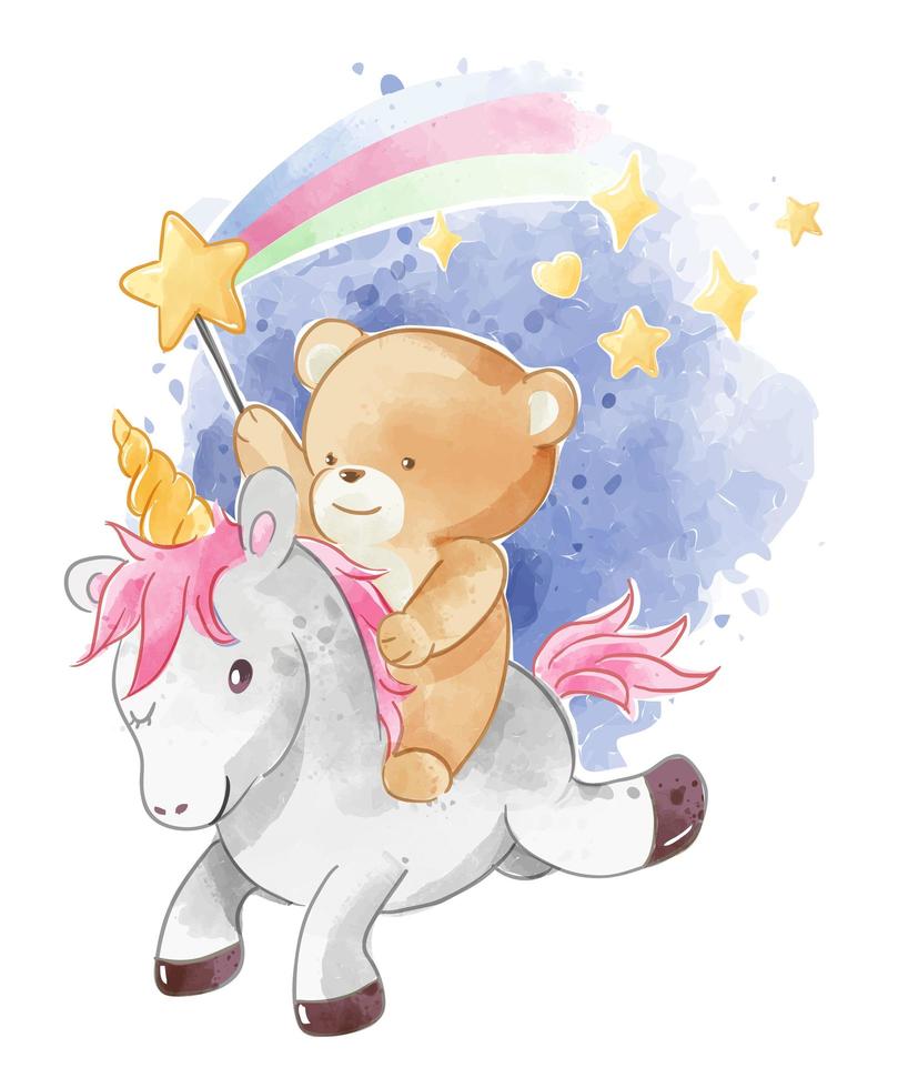 lindo oso montando unicornio con estrella brillante vector