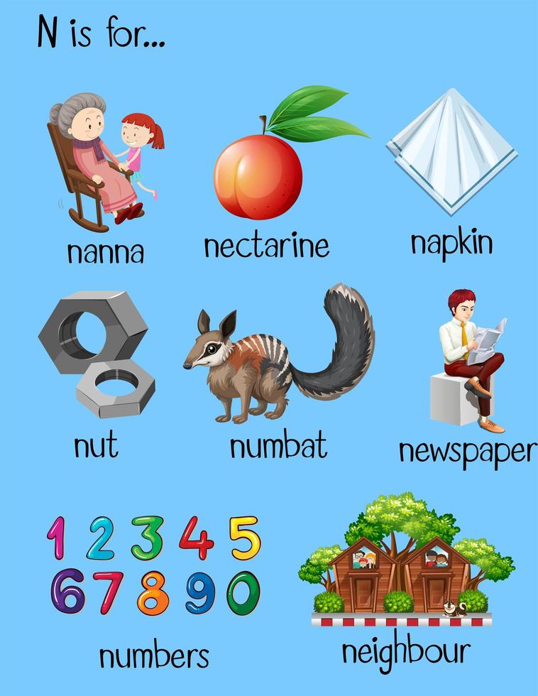 Chart with words for letter N vector