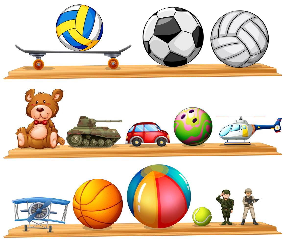 Balls and other toys on shelf vector