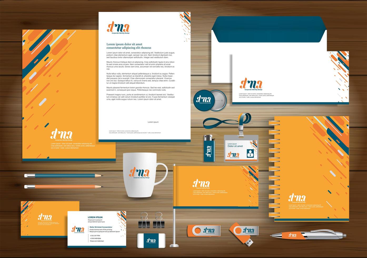 Orange and Green Dynamic Line Design Identity and Promotional Items vector