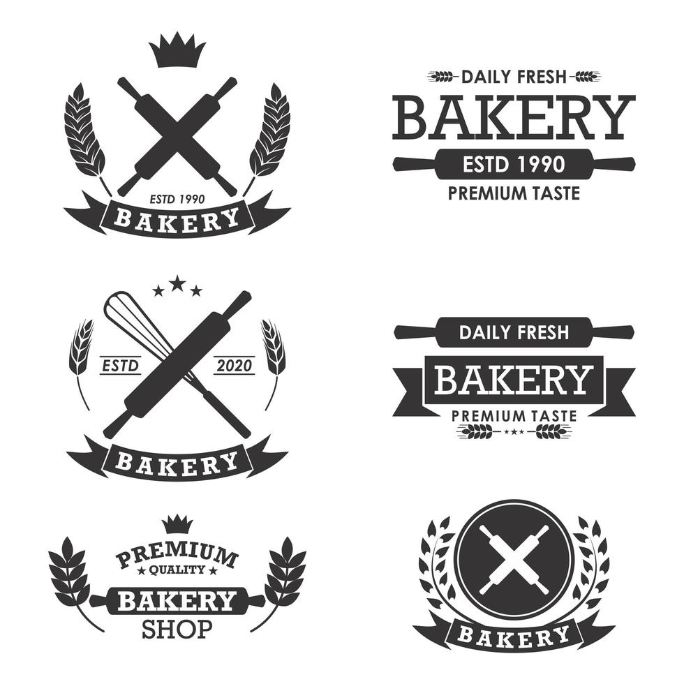 Bakery logos collection with whisks and rolling pins vector