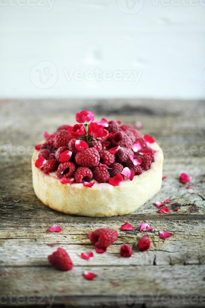 pastel de tarta con frambuesas frescas, agua de rosas y pétalos de rosa  704743 Foto de stock en Vecteezy