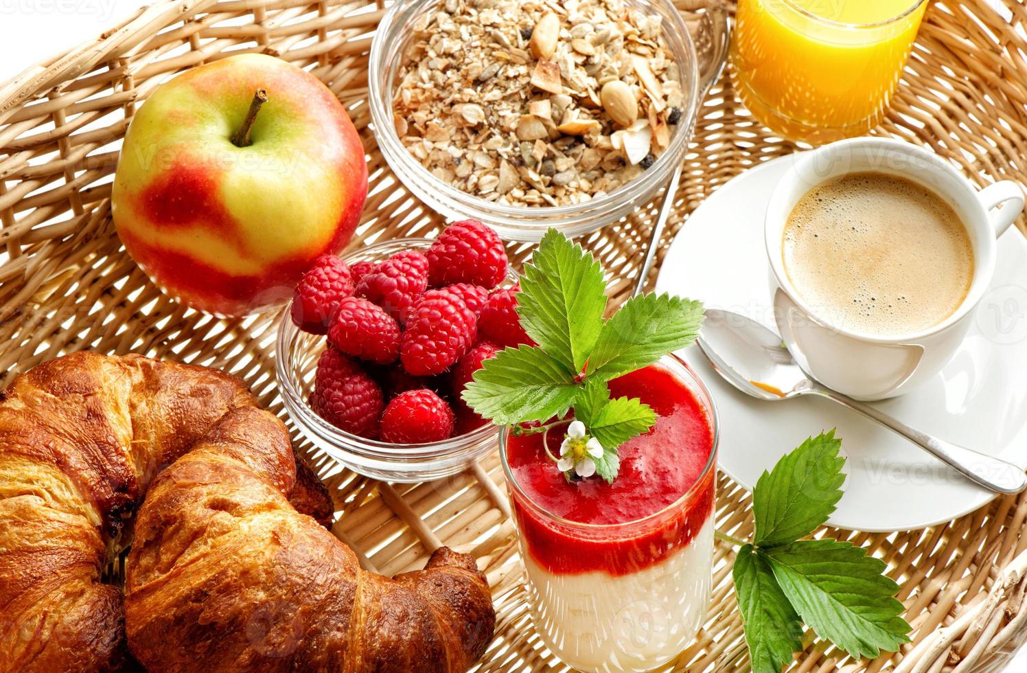 Breakfast with coffee, croissants, orange juice 708782 Stock Photo at