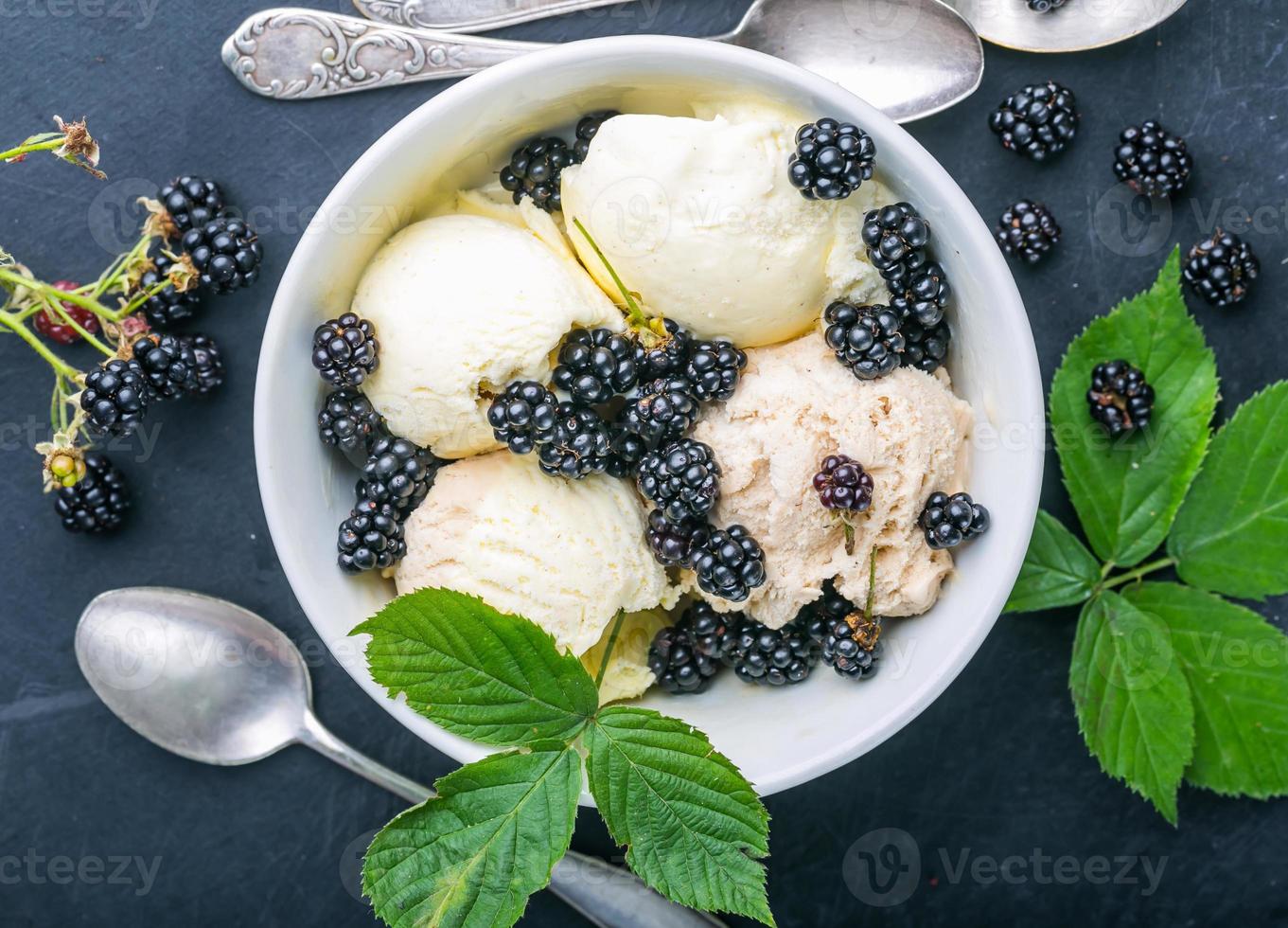 Ice cream in a bowl with fresh blackberries photo