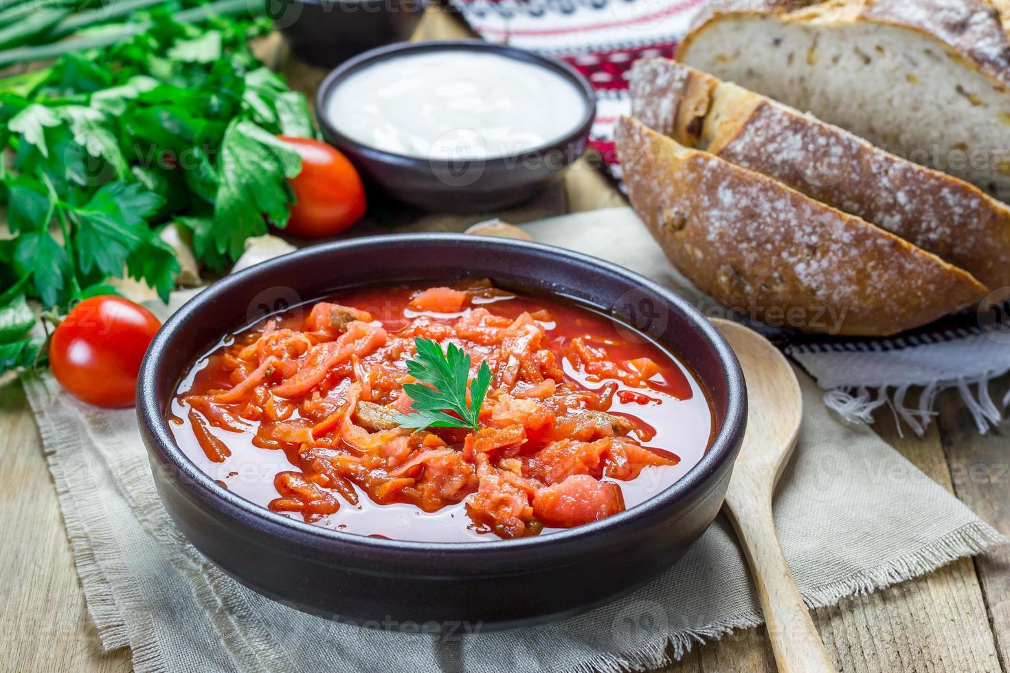 Traditional ukrainian and russian national red borscht, closeup photo