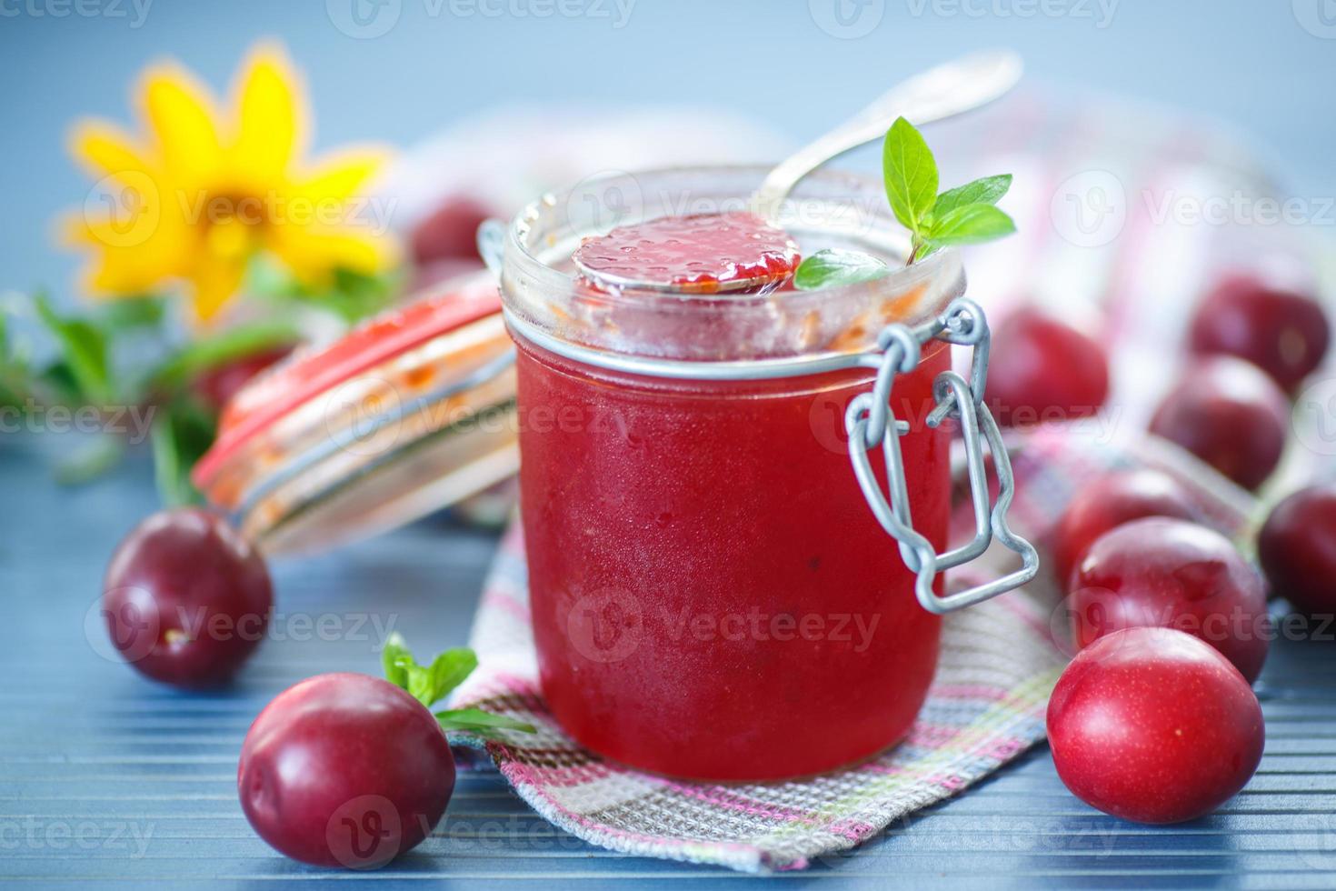 cherry plum jam with a bank photo