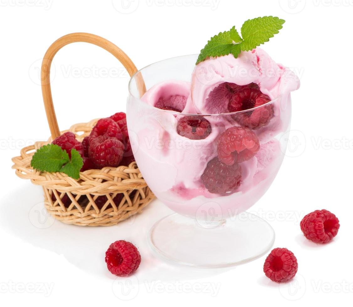 berry ice cream with fresh raspberries photo