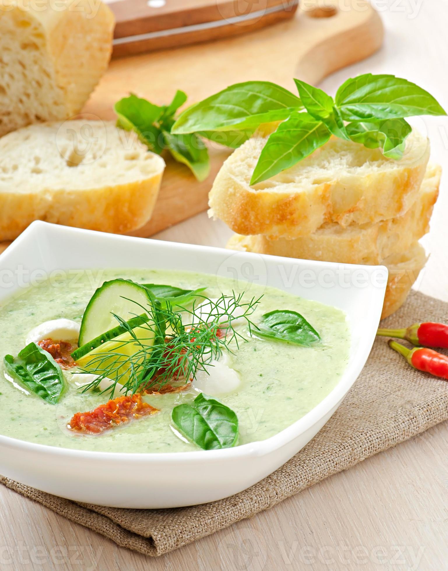 Cold cucumber soup with dried tomatoes and mozzarella 725472 Stock