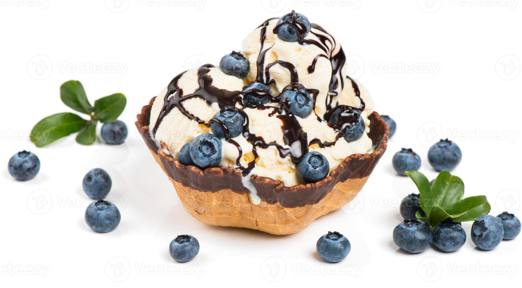 ice cream topped with chocolate and fresh blueberries photo