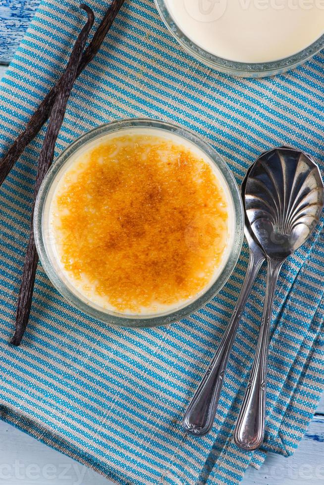 creme brulee on blue cloth from above photo