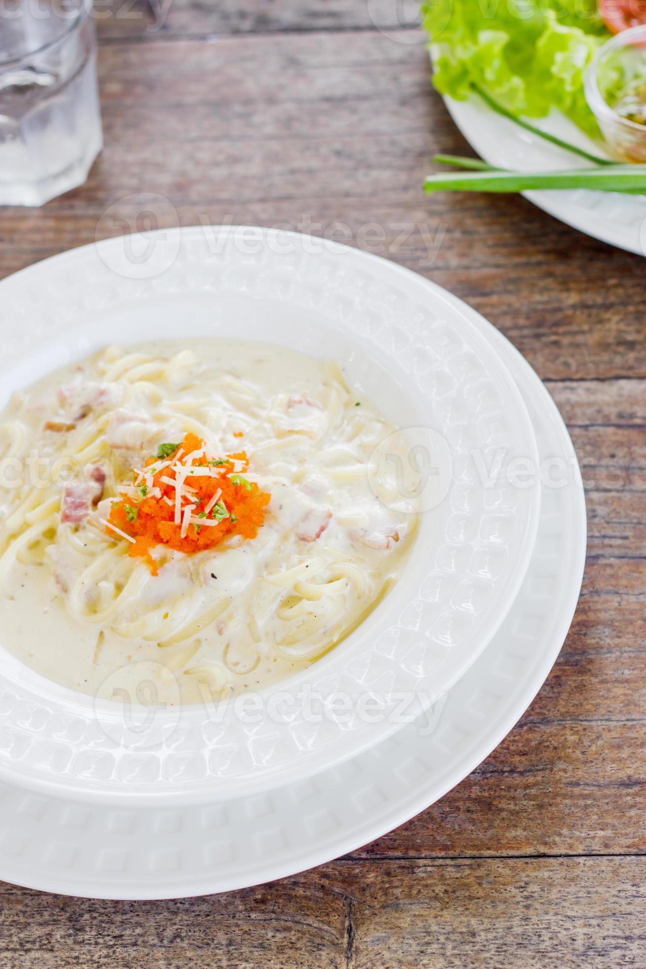 Spaghetti Carbonara With Bacon And Eggs Shrimp Stock Photo At Vecteezy Spaghetti Carbonara With Bacon And Eggs Shrimp Stock Photo At Vecteezy