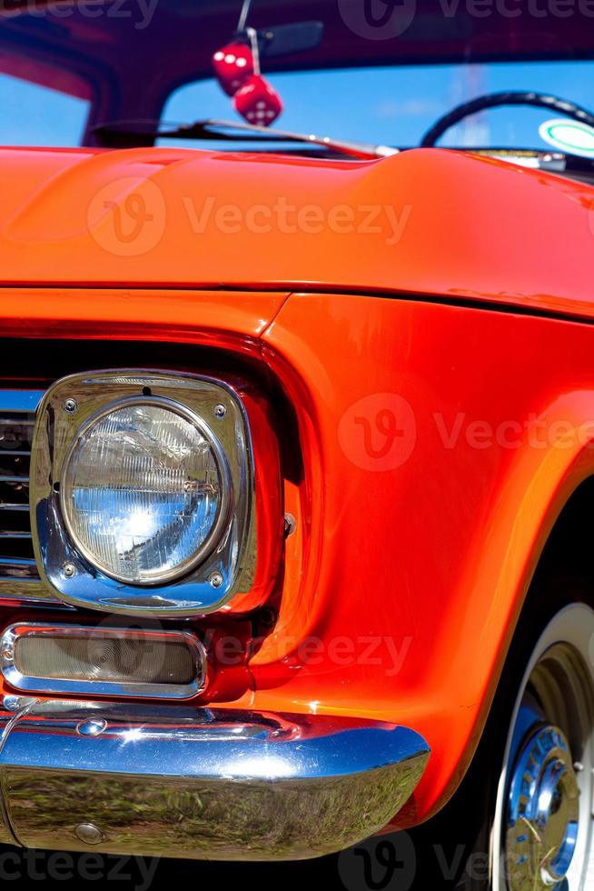 Vintage Red Pick-up Truck Front View Chromed Headlight photo