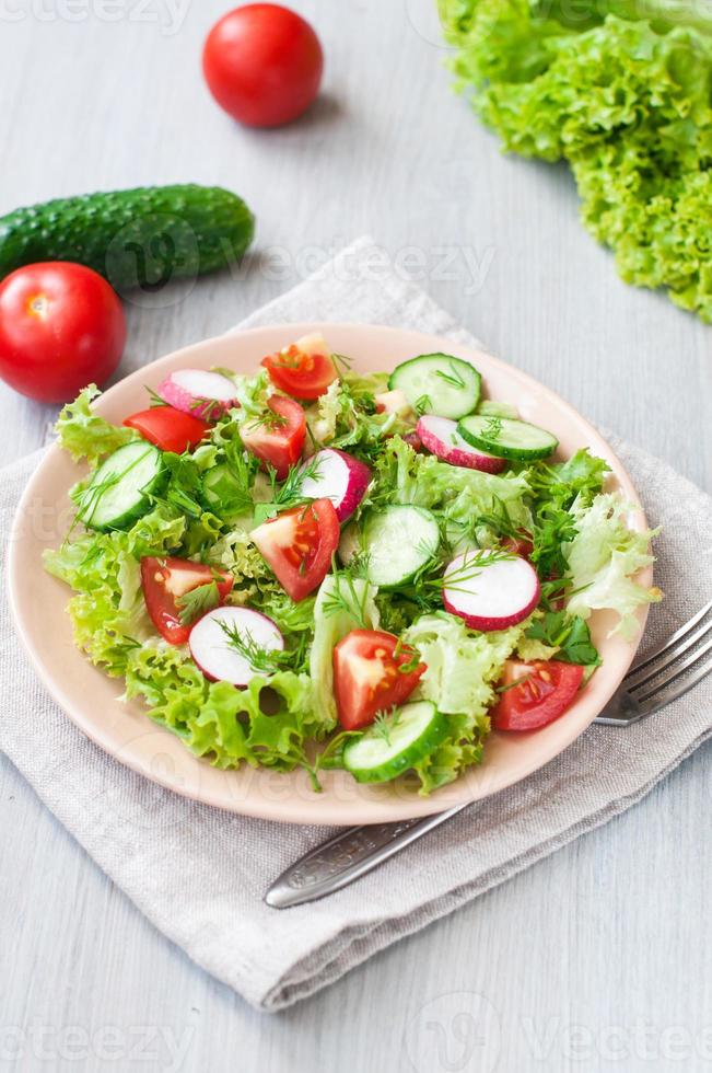 Tomato and cucumber salad with lettuce leafes photo