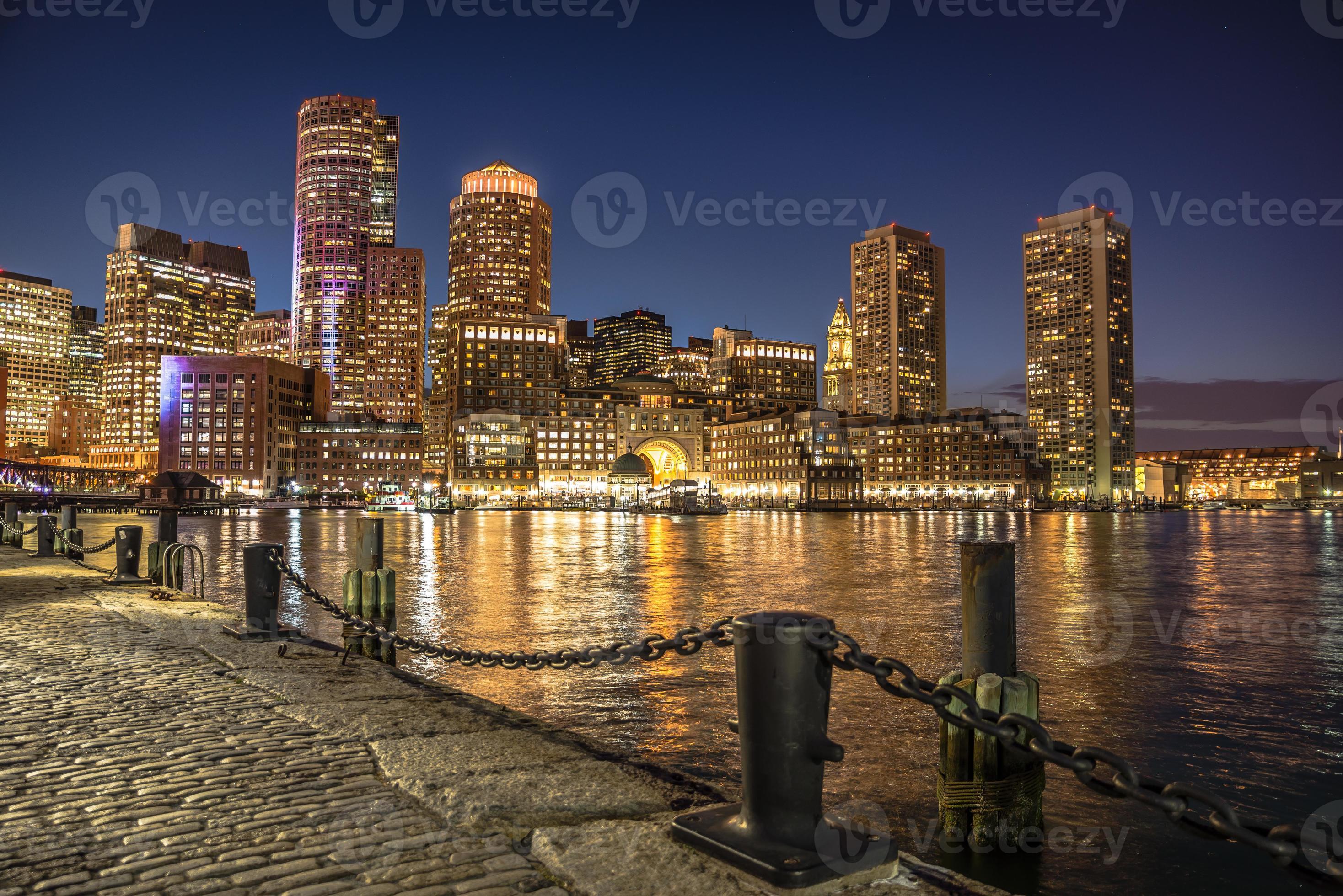Night Scene Of Boston Massachusetts Downtown City Skyline Stock Photo