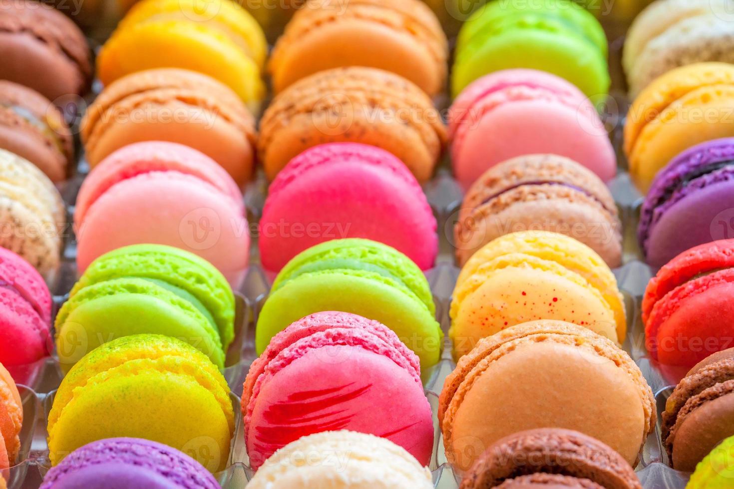 traditional french colorful macarons in a box photo