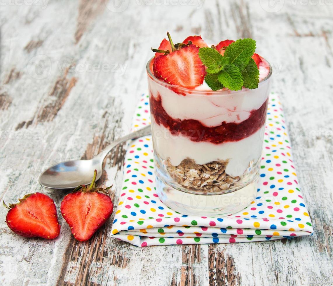 strawberry yogurt with muesli photo