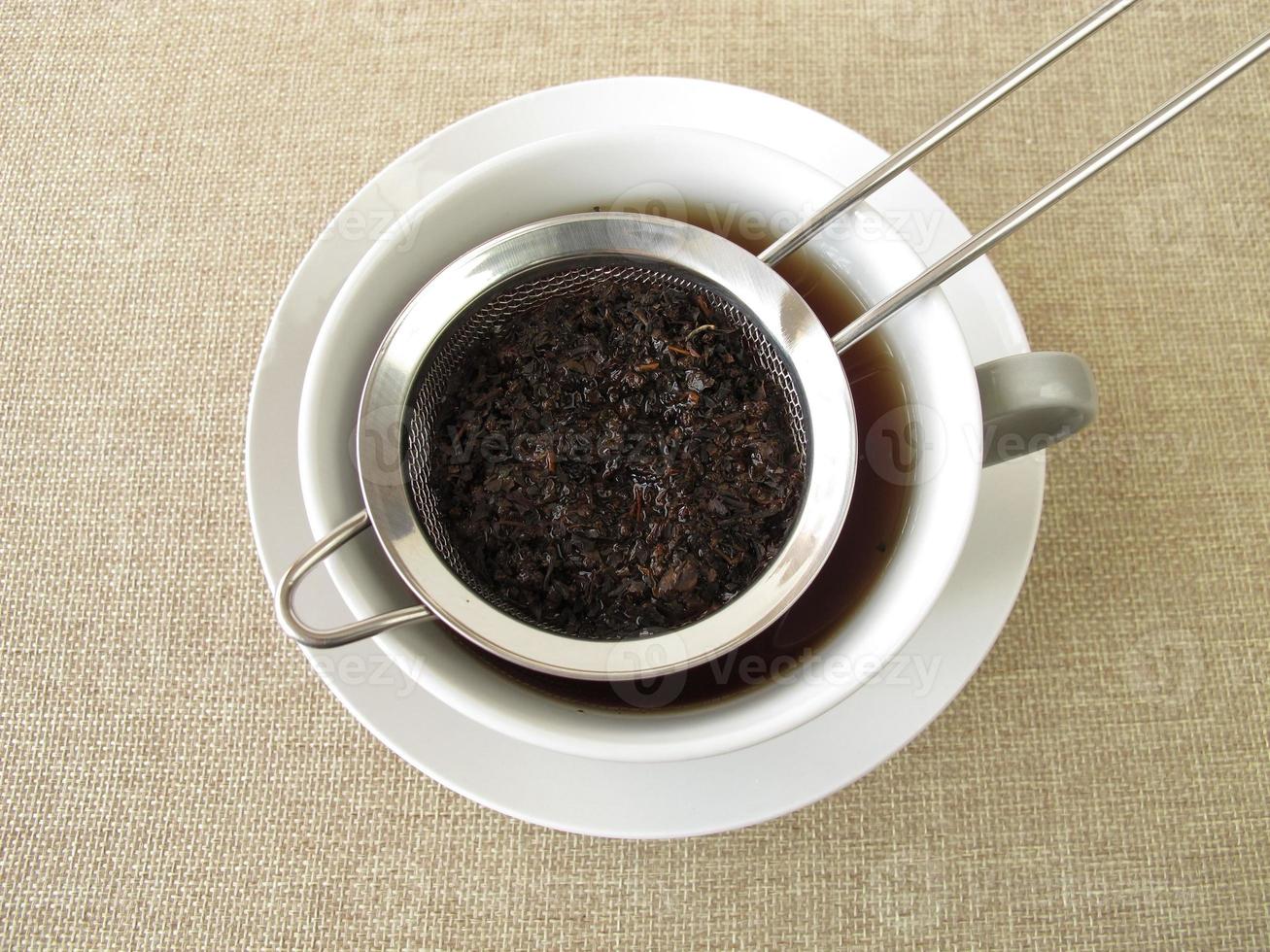 Black tea in tea strainer photo