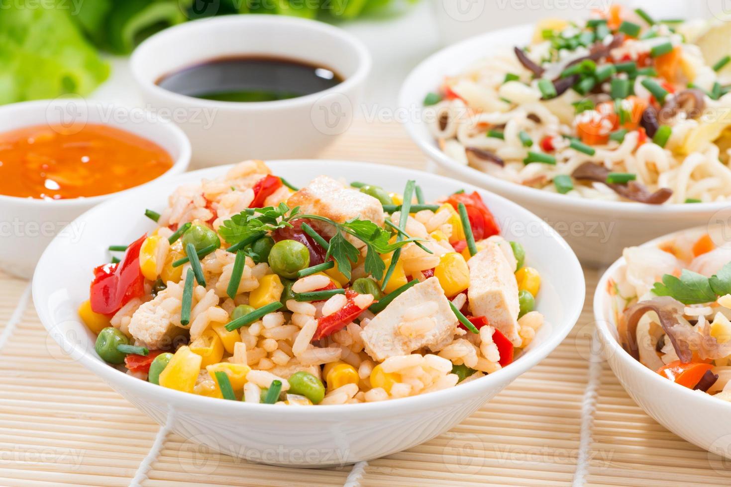 Asian food - fried rice with tofu, noodles , vegetables photo