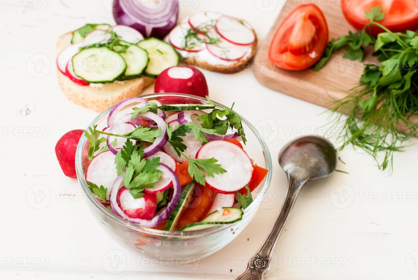 Spring salad with radishes, cucumber, cabbage and onion close-up photo