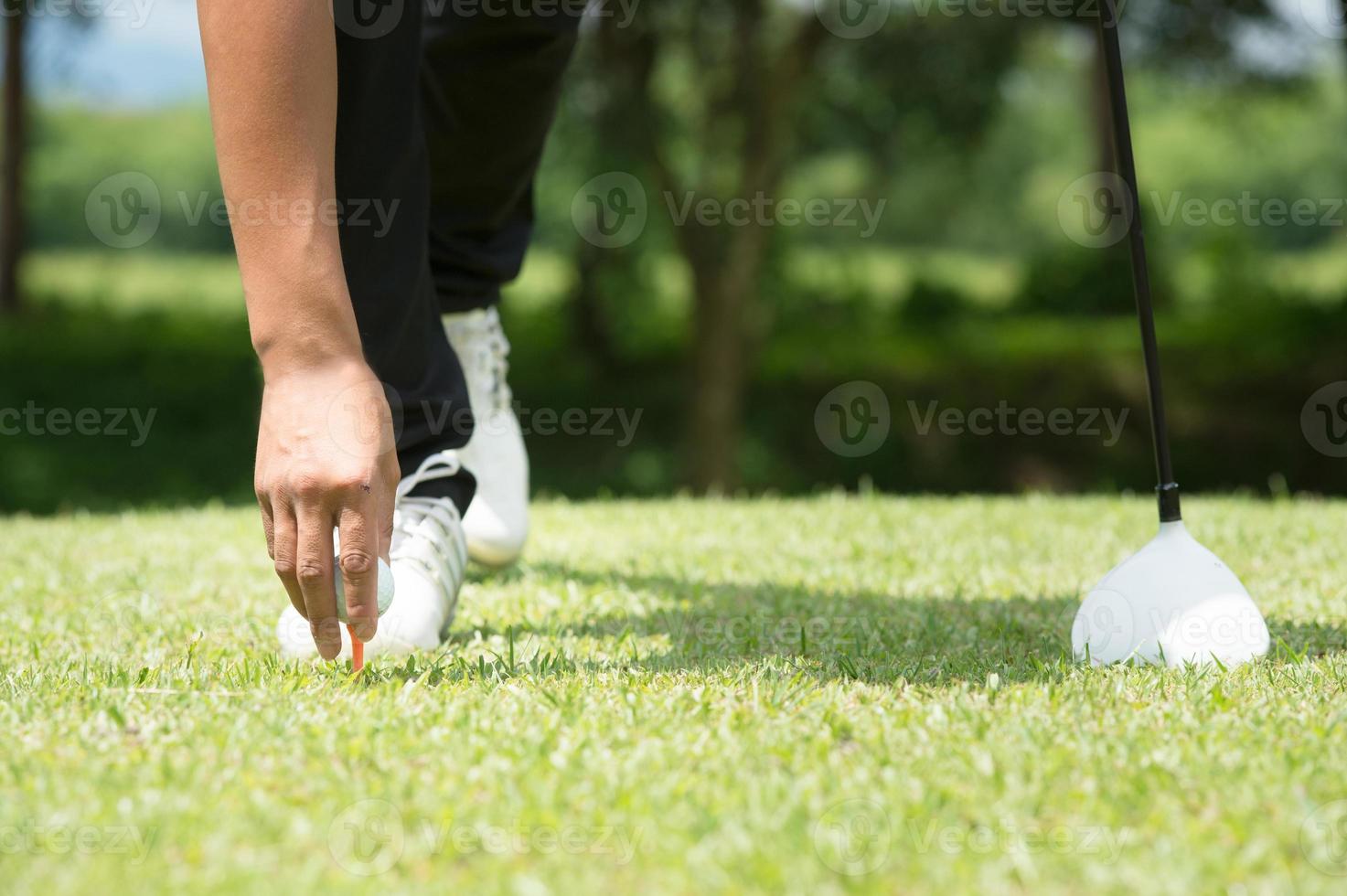 Golfer placing golf ball on tee photo