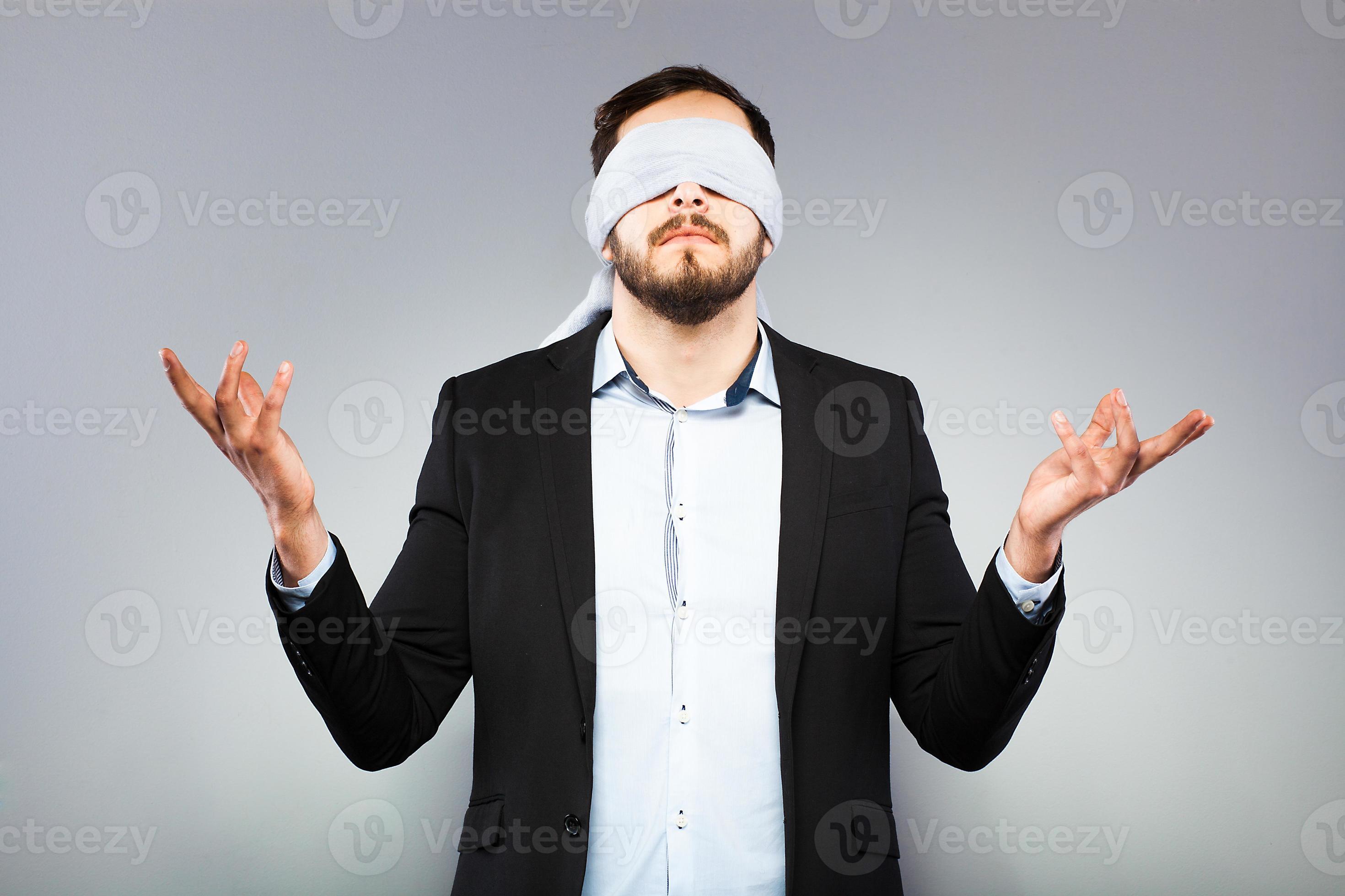 Happy Man Blindfold Person Showing Super Stock Photo 1696869070