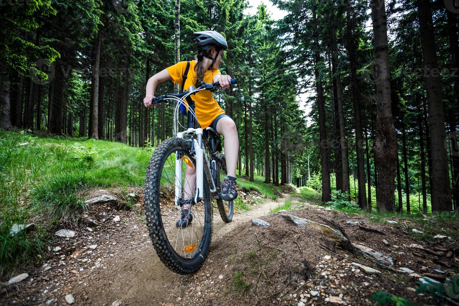 Girl riding bike on forest trails photo