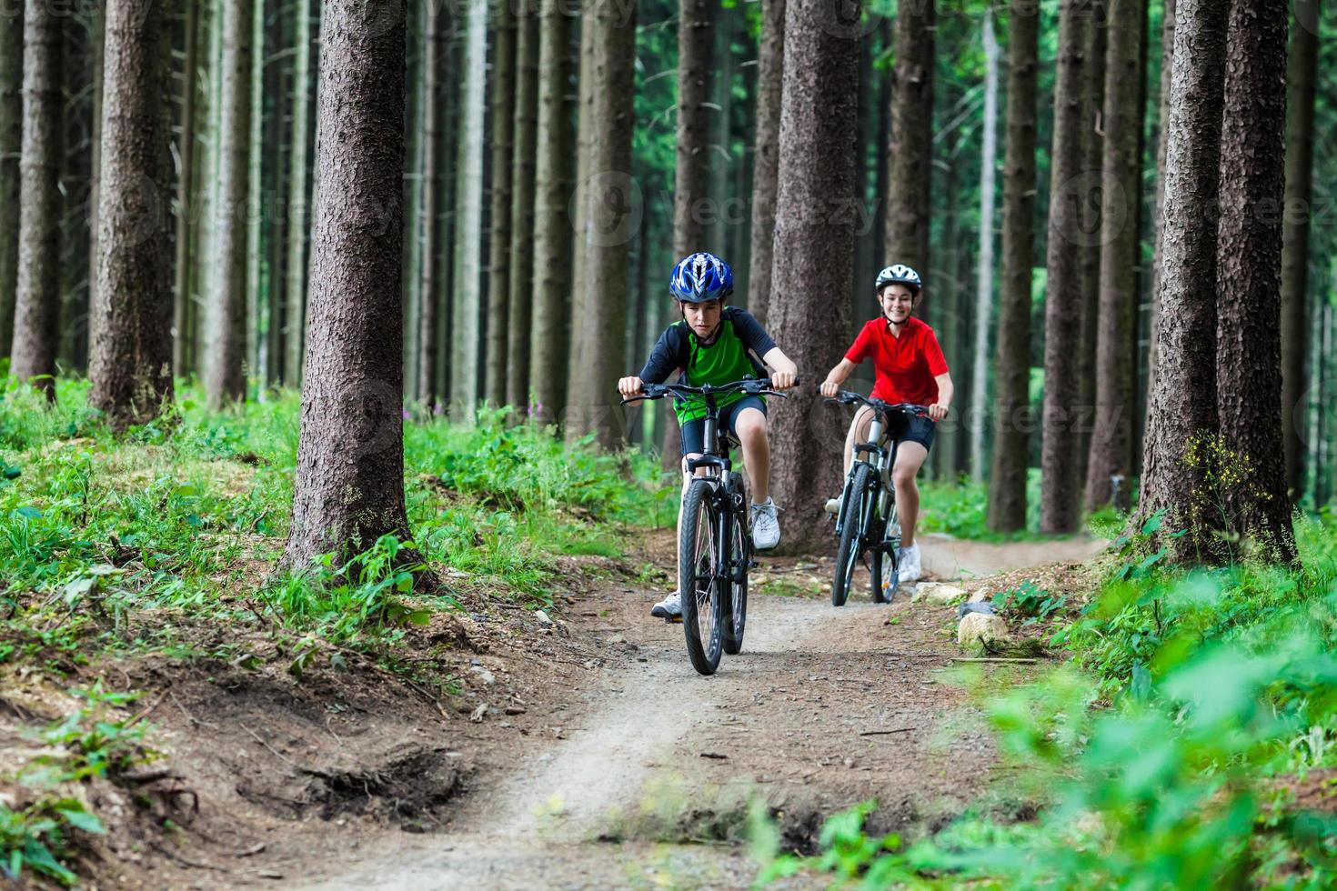 Teenage girl and boy biking on forest trails photo