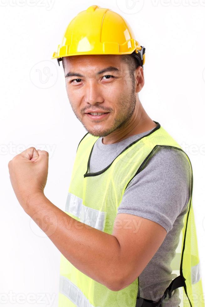 strong and confident contruction worker on white background photo