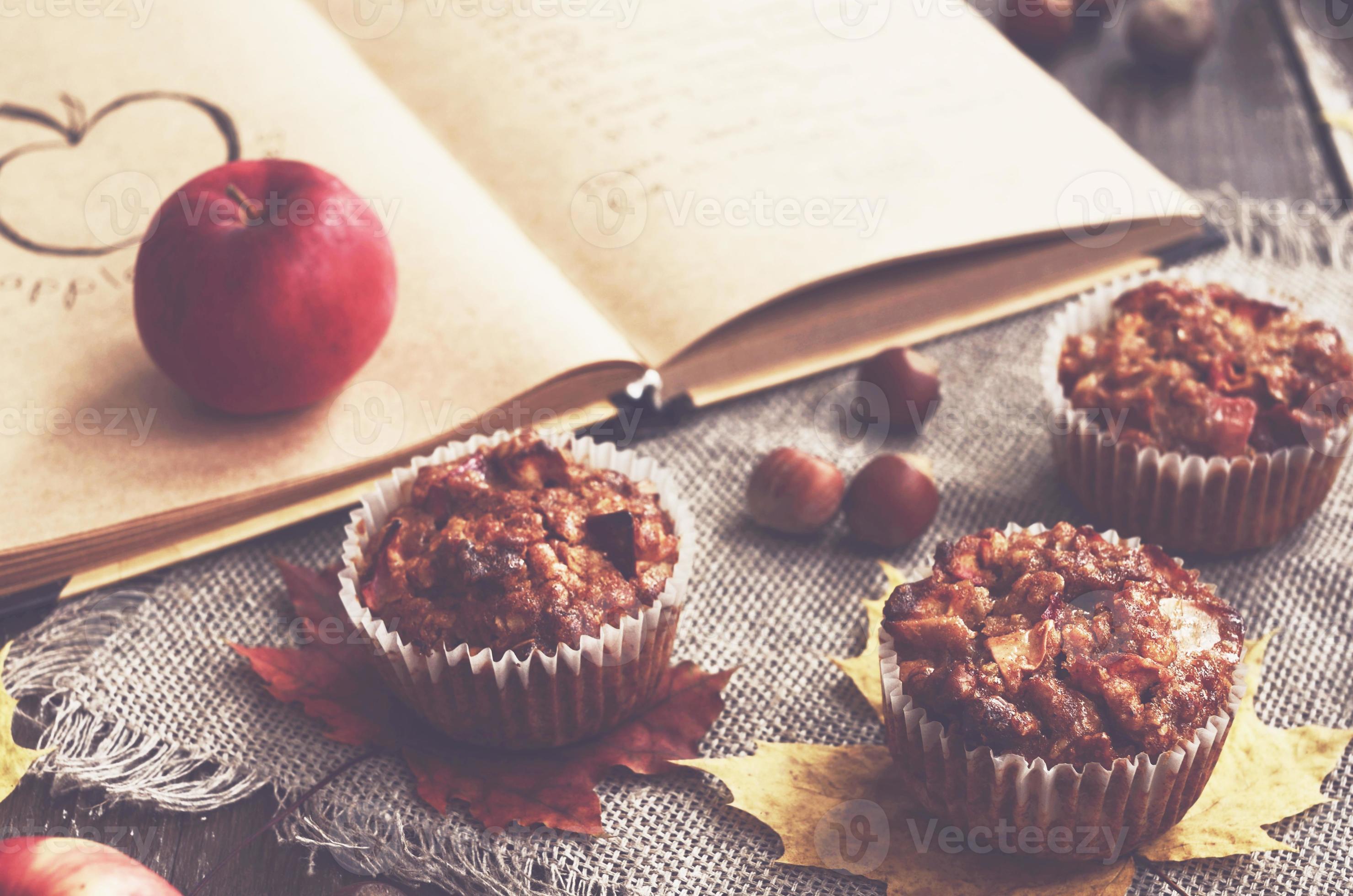 Homemade apple muffins and recipe book photo