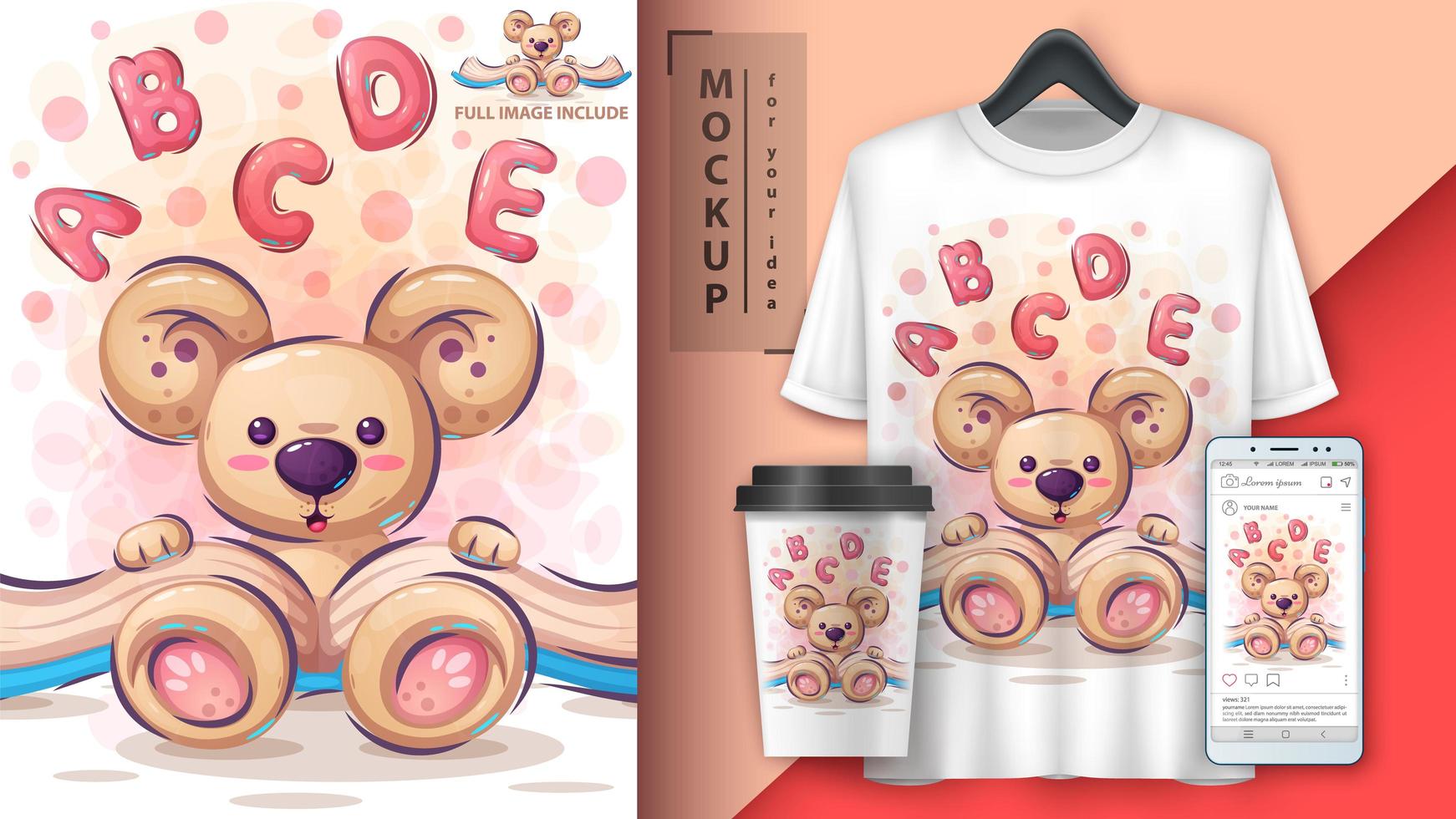 Cute Teddy Bear Reading Book Poster  vector