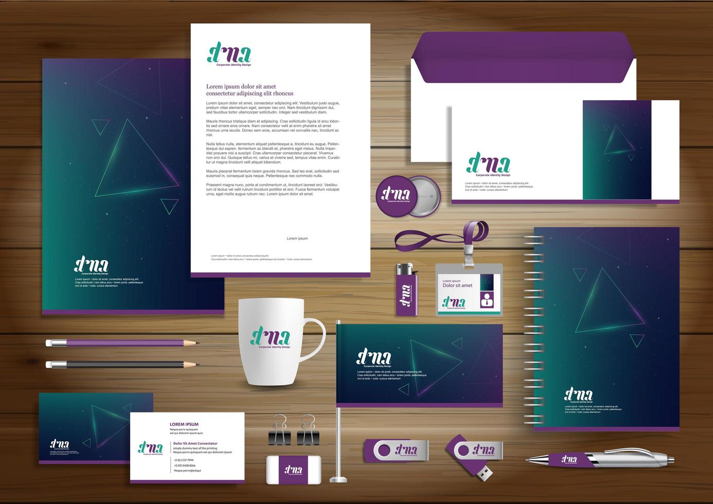 Purple and Green Glowing Triangle Identity Set and Promotional Items vector