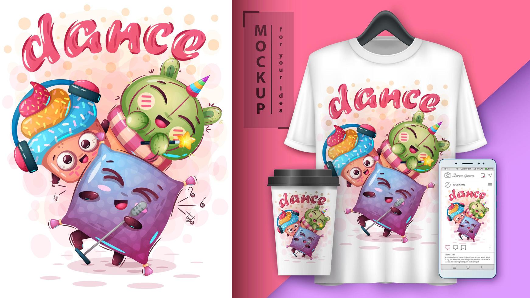 Cartoon Pillow, Cupcake and Cactus Dance Poster vector