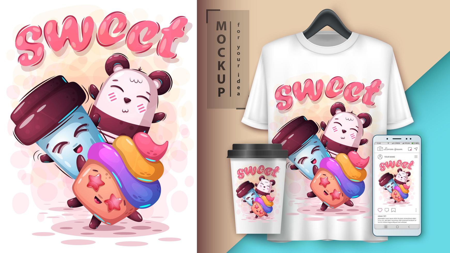 Cartel dulce con dulces de dibujos animados y panda vector